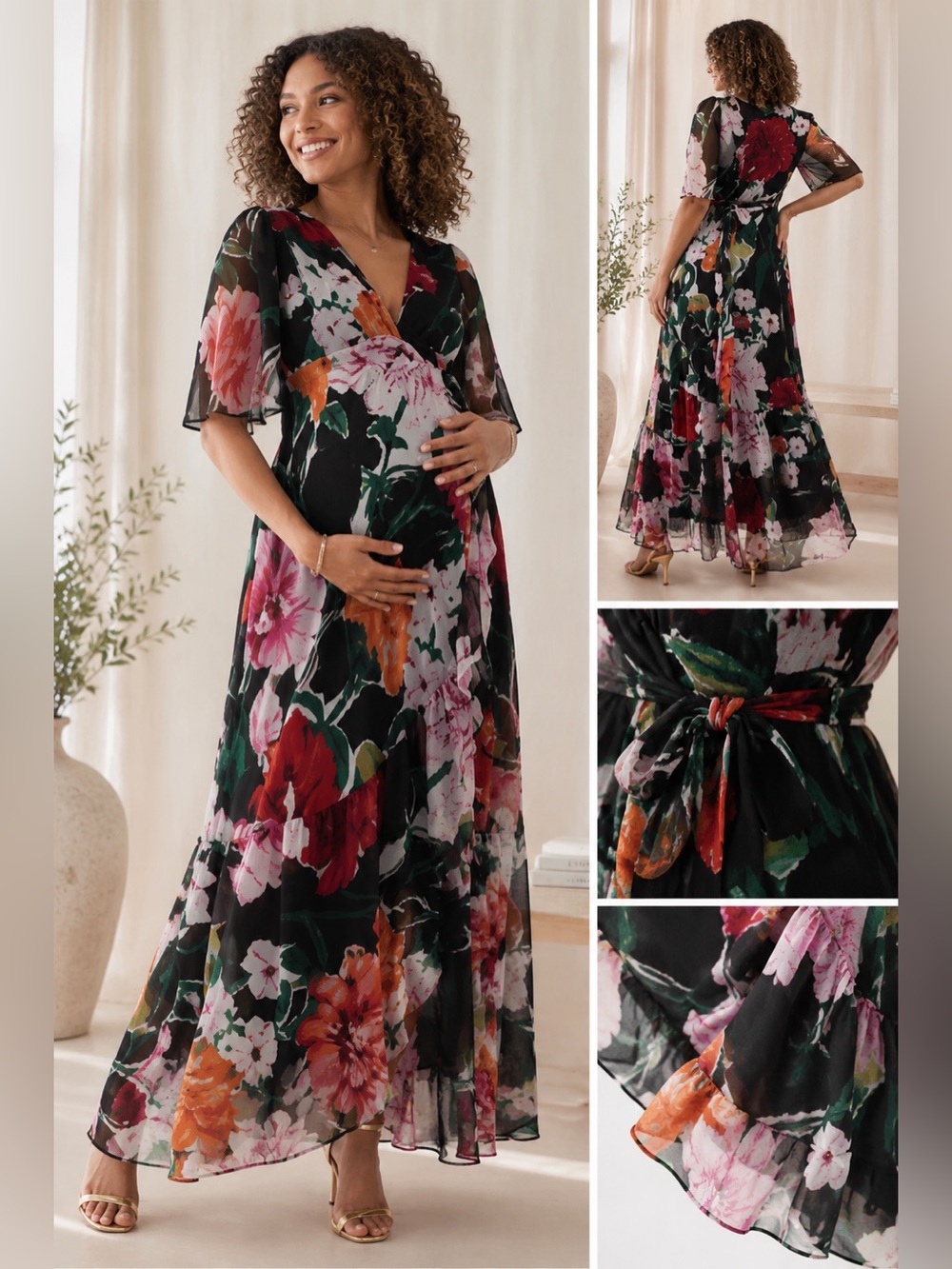 Hope & Ivy Maternity Black Floral Wrap Maxi Dress - 10 Chiffon Ruffle Occasion